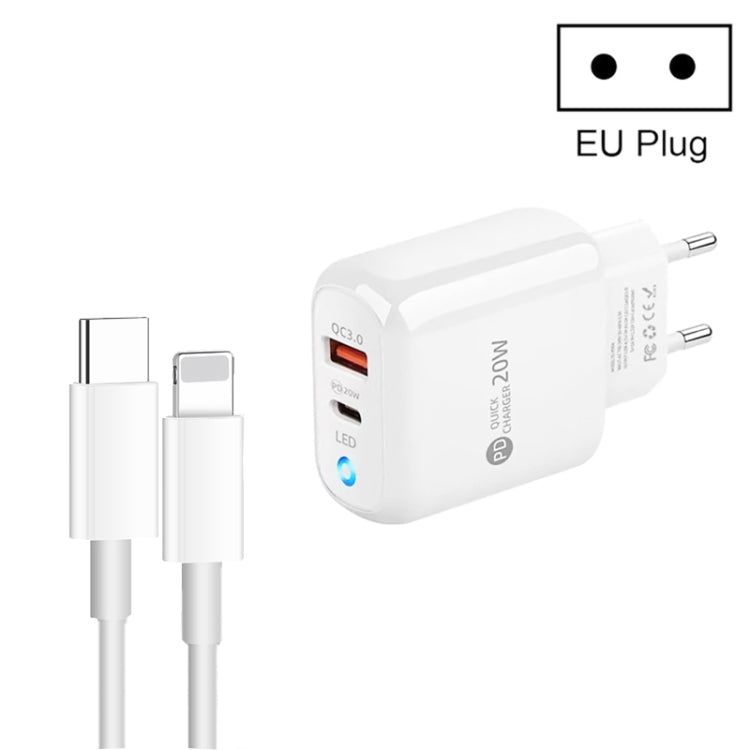 PD04 Type-C + USB Mobile Phone Charger with Type-C to 8 Pin Cable, EU Plug(White) - USB Charger by buy2fix | Online Shopping UK | buy2fix