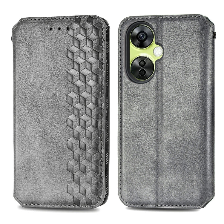 For OnePlus Nord CE 3 Lite Cubic Grid Pressed Magnetic Leather Phone Case(Gray) - OnePlus Cases by buy2fix | Online Shopping UK | buy2fix