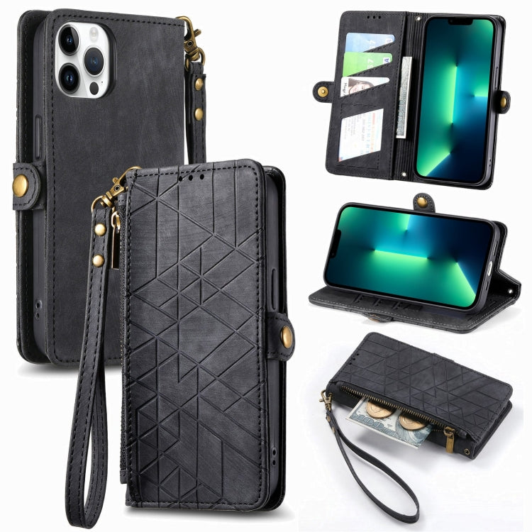 For iPhone 13 Pro Max Geometric Zipper Wallet Side Buckle Leather Phone Case(Black) - iPhone 13 Pro Max Cases by buy2fix | Online Shopping UK | buy2fix