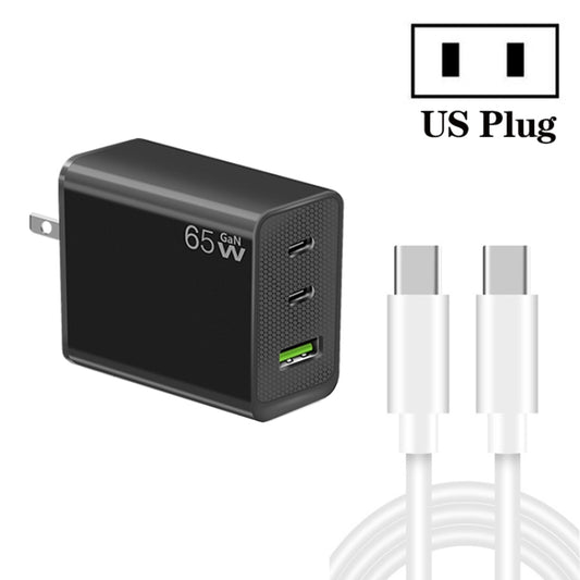 GaN PD65W Type-C x 2 + USB3.0 Charger with Type-C to Type-C Data Cable ,US Plug(Black) - USB Charger by buy2fix | Online Shopping UK | buy2fix