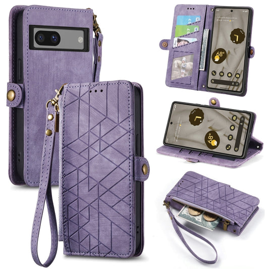 For Google Pixel 7 Pro Geometric Zipper Wallet Side Buckle Leather Phone Case(Purple) - Google Cases by buy2fix | Online Shopping UK | buy2fix