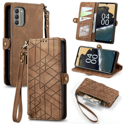 For Nokia G400 Geometric Zipper Wallet Side Buckle Leather Phone Case(Brown) - Nokia Cases by buy2fix | Online Shopping UK | buy2fix