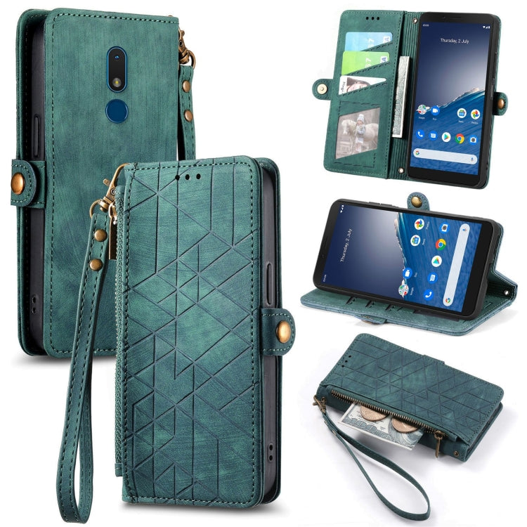 For Nokia C3 Geometric Zipper Wallet Side Buckle Leather Phone Case(Green) - Nokia Cases by buy2fix | Online Shopping UK | buy2fix