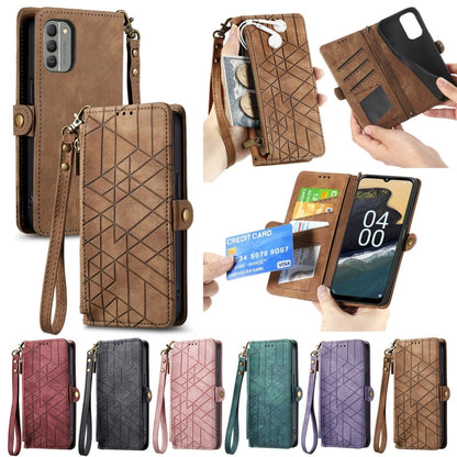 For Nokia G400 Geometric Zipper Wallet Side Buckle Leather Phone Case(Brown) - Nokia Cases by buy2fix | Online Shopping UK | buy2fix