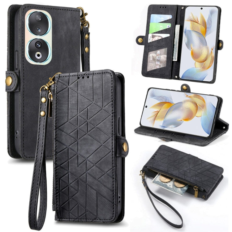 For Honor 90 Geometric Zipper Wallet Side Buckle Leather Phone Case(Black) - Honor Cases by buy2fix | Online Shopping UK | buy2fix