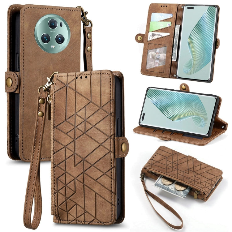 For Honor Magic5 Pro Geometric Zipper Wallet Side Buckle Leather Phone Case(Brown) - Honor Cases by buy2fix | Online Shopping UK | buy2fix