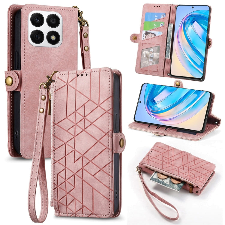 For Honor X8A Geometric Zipper Wallet Side Buckle Leather Phone Case(Pink) - Honor Cases by buy2fix | Online Shopping UK | buy2fix