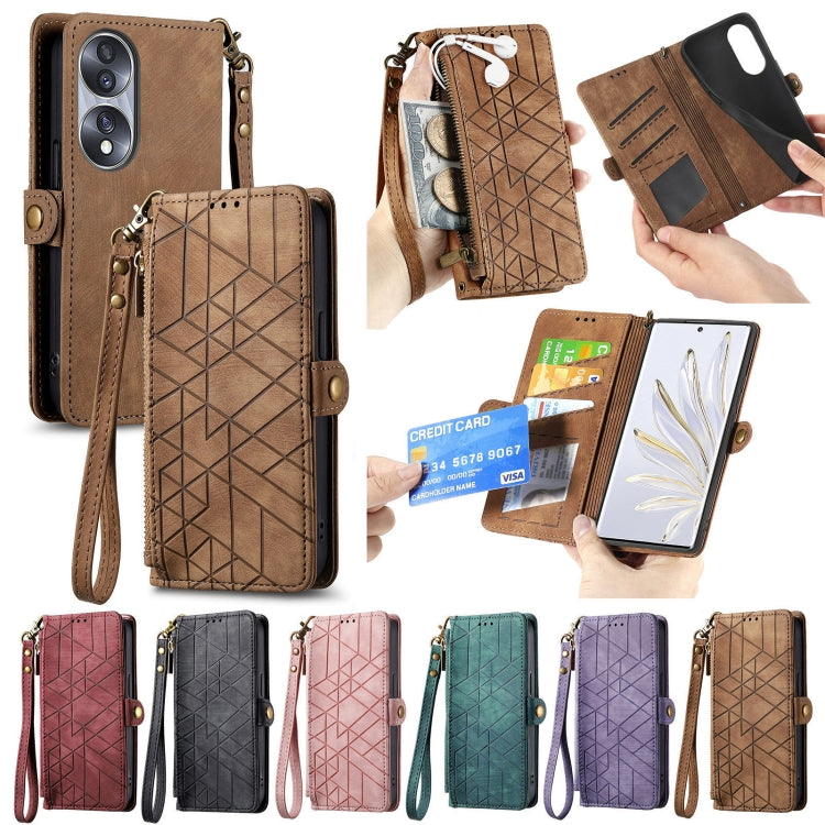 For Honor Play6T Pro Geometric Zipper Wallet Side Buckle Leather Phone Case(Brown) - Honor Cases by buy2fix | Online Shopping UK | buy2fix