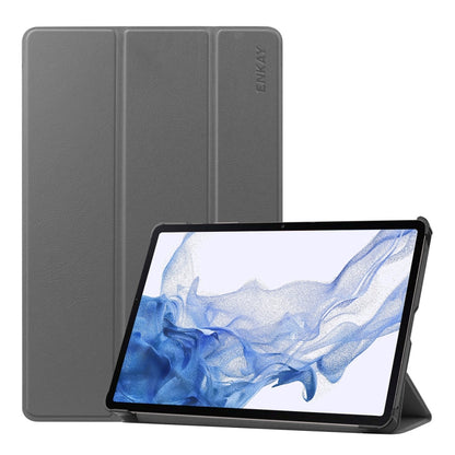 For Samsung Galaxy Tab S9 ENKAY Tri-fold Custer Texture Leather Smart Tablet Case(Grey) - Galaxy Tab S9 Cases by ENKAY | Online Shopping UK | buy2fix