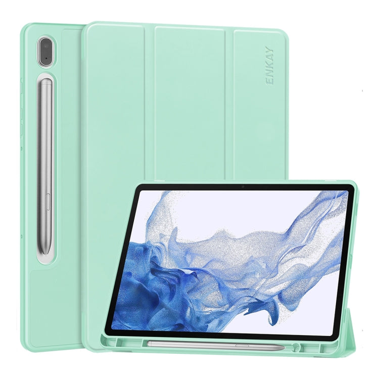 For Samsung Galaxy Tab S9 ENKAY Tri-fold Custer Leather TPU Bottom Smart Case with Pen Slot(Light Green) - Other Galaxy Tab PC by ENKAY | Online Shopping UK | buy2fix