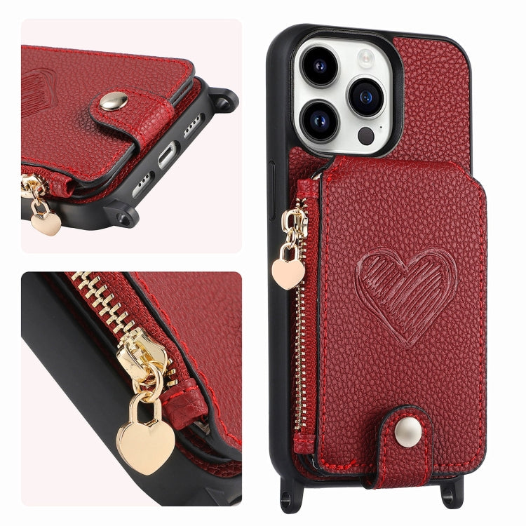 For iPhone 15 Pro Max Crossbody Love Zipper Leather Back Phone Case(Red) - iPhone 15 Pro Max Cases by buy2fix | Online Shopping UK | buy2fix