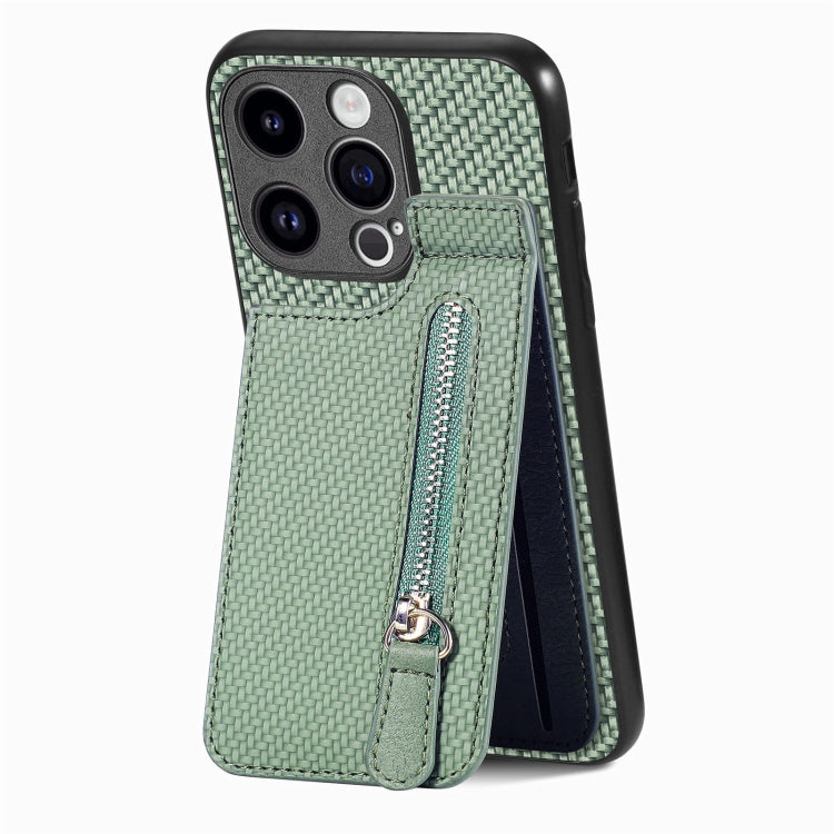 For iPhone 15 Pro Max Carbon Fiber Vertical Flip Zipper Phone Case(Green) - iPhone 15 Pro Max Cases by buy2fix | Online Shopping UK | buy2fix