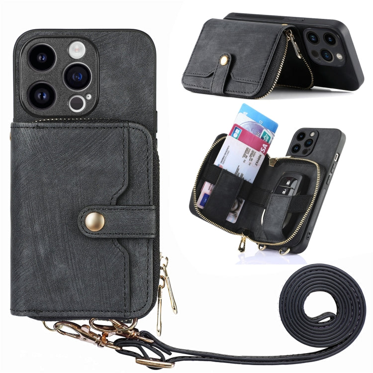 For iPhone 15 Pro Max Crossbody Multi-function Zipper Wallet Phone Case(Black) - iPhone 15 Pro Max Cases by buy2fix | Online Shopping UK | buy2fix