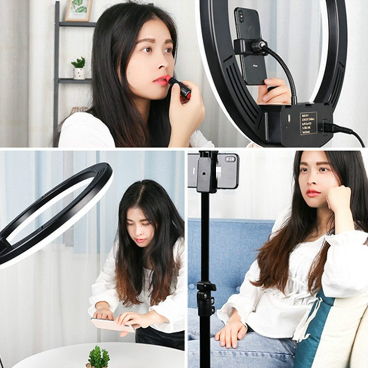 18 inch+6 Phone Clips+Microphone Pole Dimmable Color Temperature LED Ring Fill Light Live Broadcast Set With 2.1m Tripod Mount, CN Plug - Consumer Electronics by buy2fix | Online Shopping UK | buy2fix