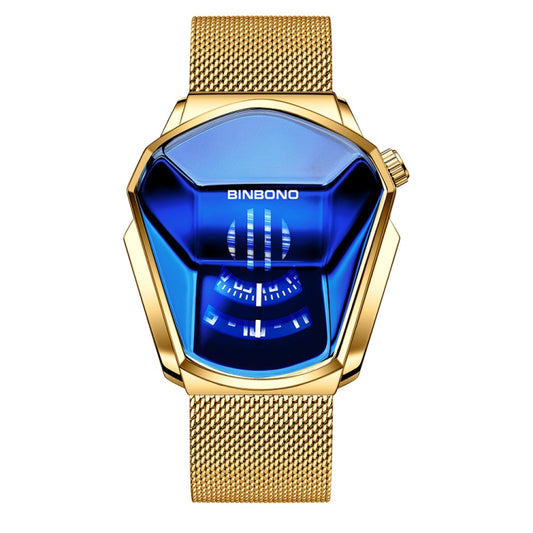 BINBOND Locomotive Concept Watch Men Live Black Technology Watch(Gold Net Belt-Full Gold-Blue Face) - Metal Strap Watches by BINBOND | Online Shopping UK | buy2fix