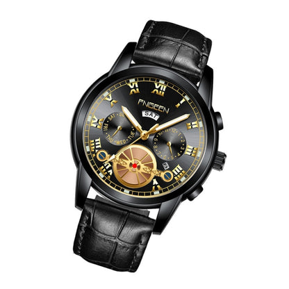 FNGEEN 4001 Men Watch Multi-Function Quartz Watch, Colour: Black Leather Black Steel Black Surface - Alloy Watches by FNGEEN | Online Shopping UK | buy2fix