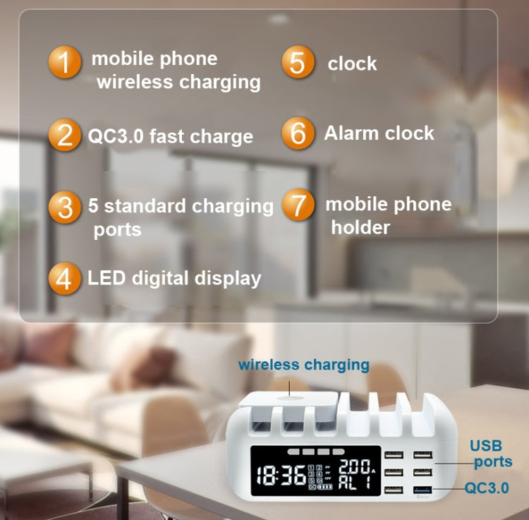 QC 3.0+5 USB Ports+QI Wireless Charging Multi-function Charger with Clock Function,EU Plug(Grey) - Multifunction Charger by null | Online Shopping UK | buy2fix