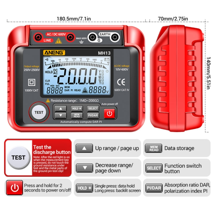 ANENG MH13 High Voltage Digital Electronic Meter Insulation Resistance Tester(Red) - Consumer Electronics by ANENG | Online Shopping UK | buy2fix