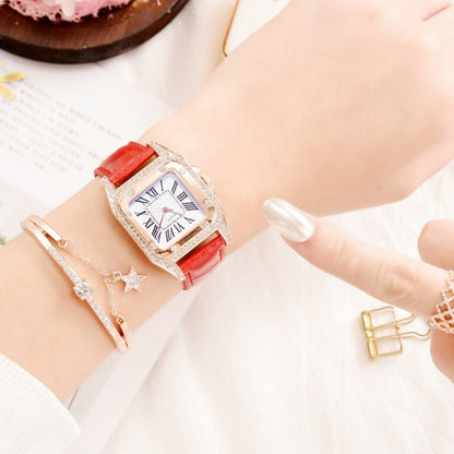 Women Tonneau Square Strap Quartz Watch, Color: Red+Bracelet - Leather Strap Watches by buy2fix | Online Shopping UK | buy2fix