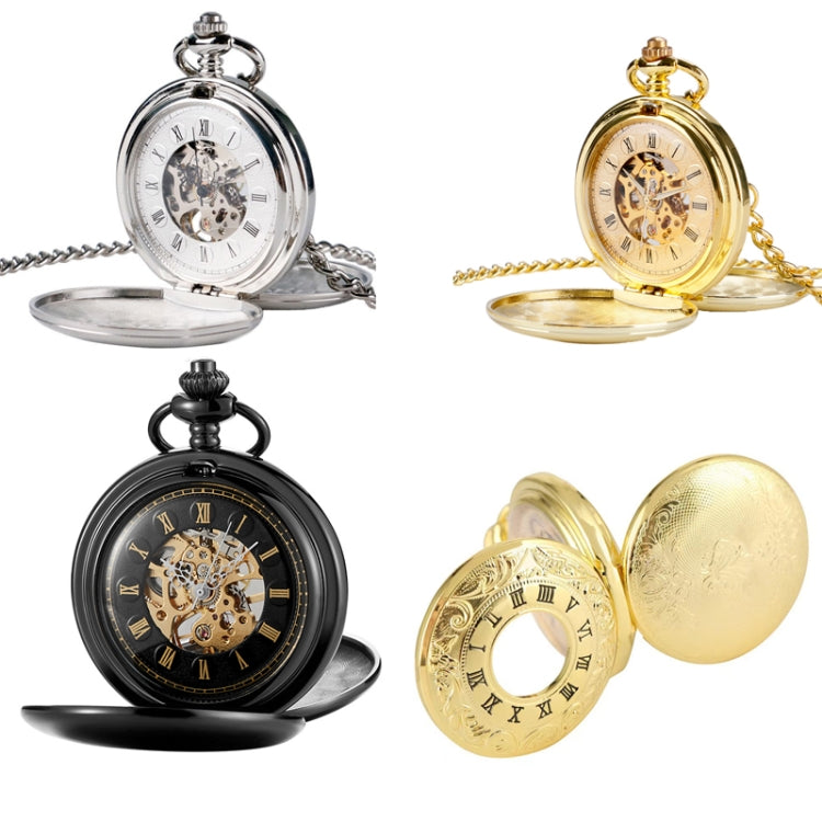 pm240 Classic Double Open Double Face Vintage Manual Mechanical Pocket Watch with Roman Lettering(Black Shell Black Face Gold Movement) - Necklace Watch Watches by buy2fix | Online Shopping UK | buy2fix