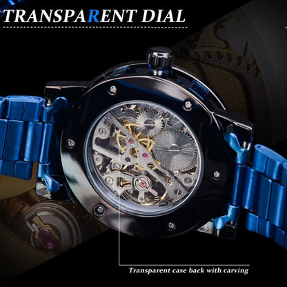 Winner Leisure Skeleton Diamond Luminous Pointer Watch Men Manual Mechanical Watch(Blue Belt Black Shell Blue Face) - Metal Strap Watches by Winner | Online Shopping UK | buy2fix