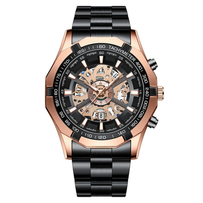 BINBOND S033 Hollowed Mechanical 30m Waterproof Luminous Quartz Watch, Color: Black Steel-Rose Gold-Black - Metal Strap Watches by BINBOND | Online Shopping UK | buy2fix