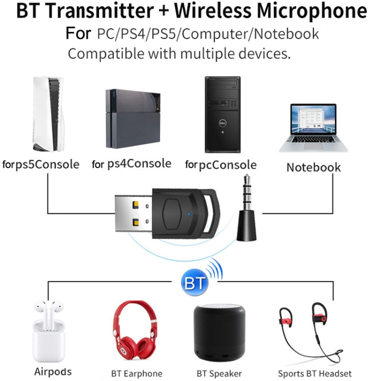 For PS4 / PS5 / PC HS-PS5101 Bluetooth 5.0 Adapter Audio Receiver Wireless Headset Transmitter(Black) - Audio Receiver Transmitter by buy2fix | Online Shopping UK | buy2fix