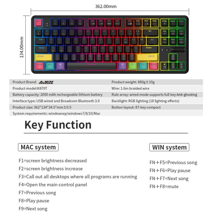Ajazz K870T 87-Key Hot Swap Bluetooth/Wired Dual Mode RGB Backlight Office Game Mechanical Keyboard Red Shaft (Black) - Wireless Keyboard by Ajazz | Online Shopping UK | buy2fix