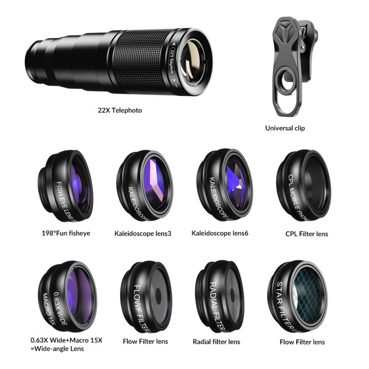 APEXEL APL-22XDG9 22X External Camera Adjustable Focus Mobile Phone Lens(10 in 1) - Telescope & Microscope by APEXEL | Online Shopping UK | buy2fix