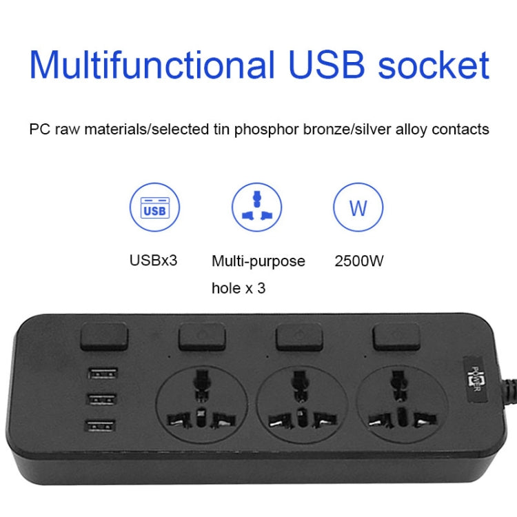 T14 2m 2500W 3 Plugs + 3-USB Ports Multifunctional Socket With Switch, Specification: UK Plug (Black) - Extension Socket by buy2fix | Online Shopping UK | buy2fix